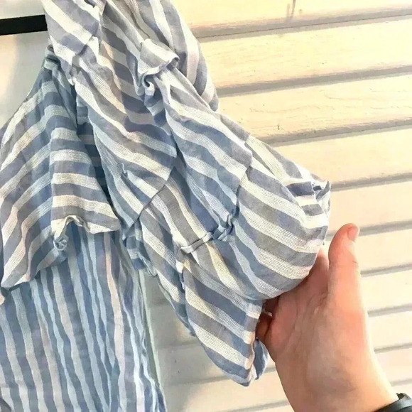 Zara Blue White Stripe Puff Sleeve Off Shoulder Blouse Small G48 - Picture 2 of 5